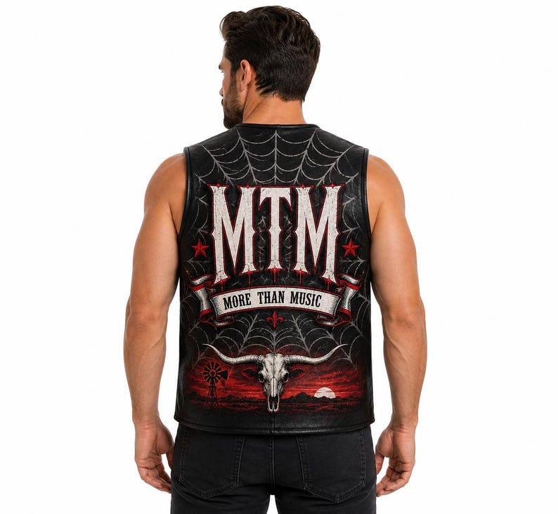 Men's Genuine Leather Biker Vest Black Western Digital Print Motorcycle Vest