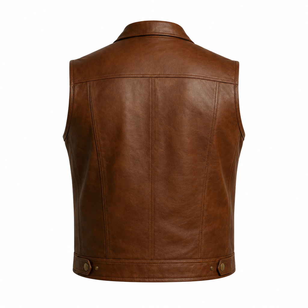 Men's Brown Leather Biker Vest - Handmade Trucker Style Moto Vest