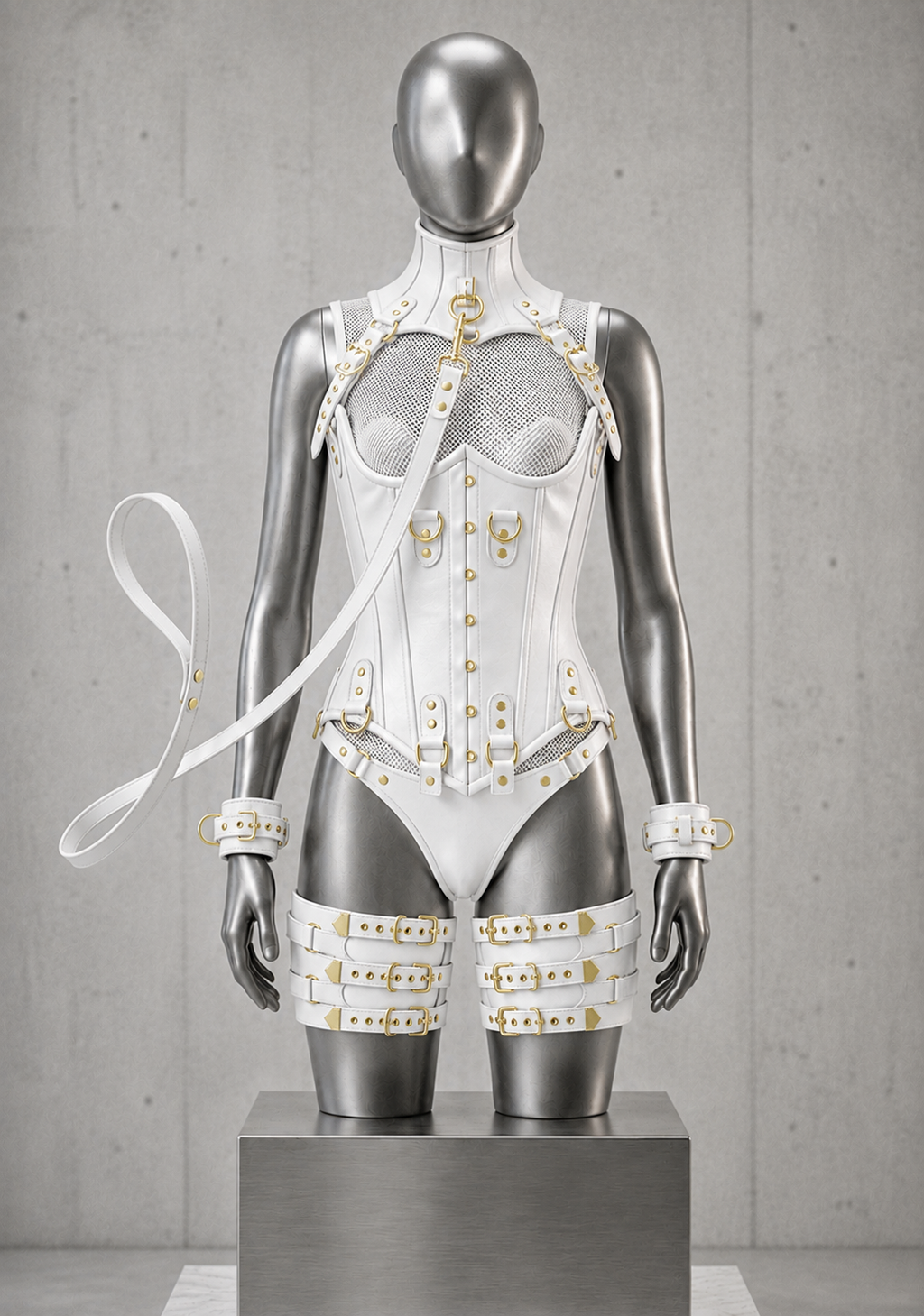 Women’s Leather Corset Harness Bodysuit Gothic Buckle Bustier Steampunk Fetish (With Leash & Handcuffs)