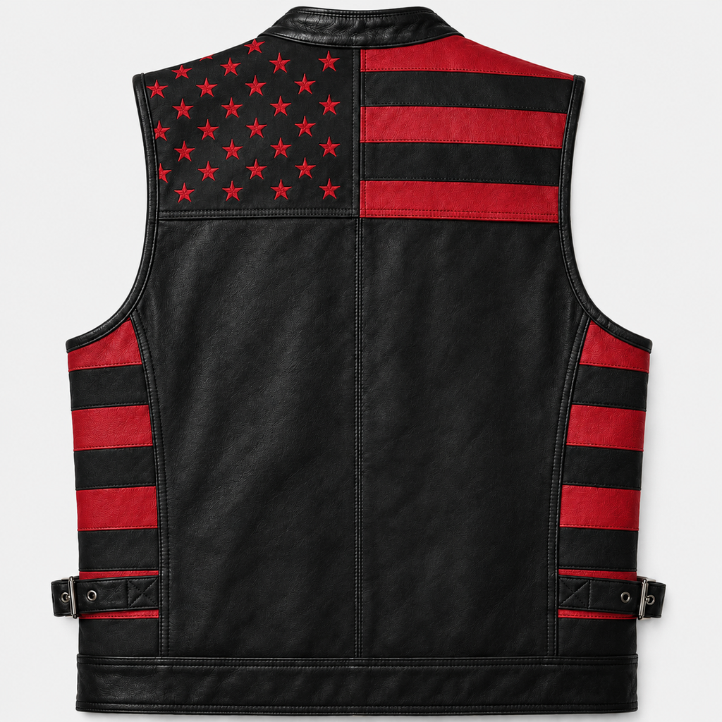 Men's Genuine Leather USA Flag Vest Motorcycle Biker Sleeveless Riding Vest