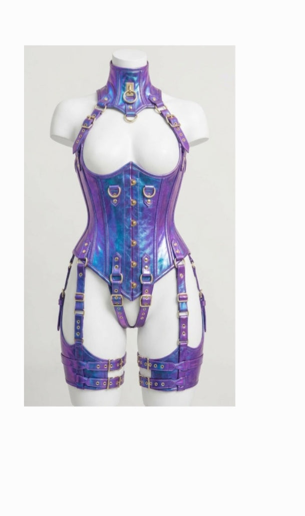 Women’s HOLOGRAPHIC PVC Leather UnderBust Corset Set