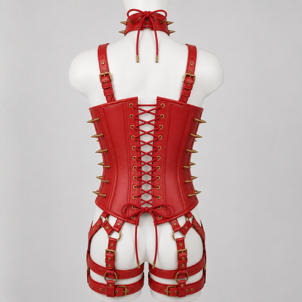 Women’s Leather Corset Harness Bodysuit Gothic Buckle Bustier Steampunk Fetish (With Studs)