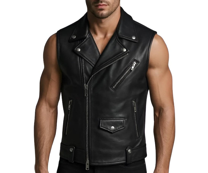 Men's Black Genuine Leather Biker Vest