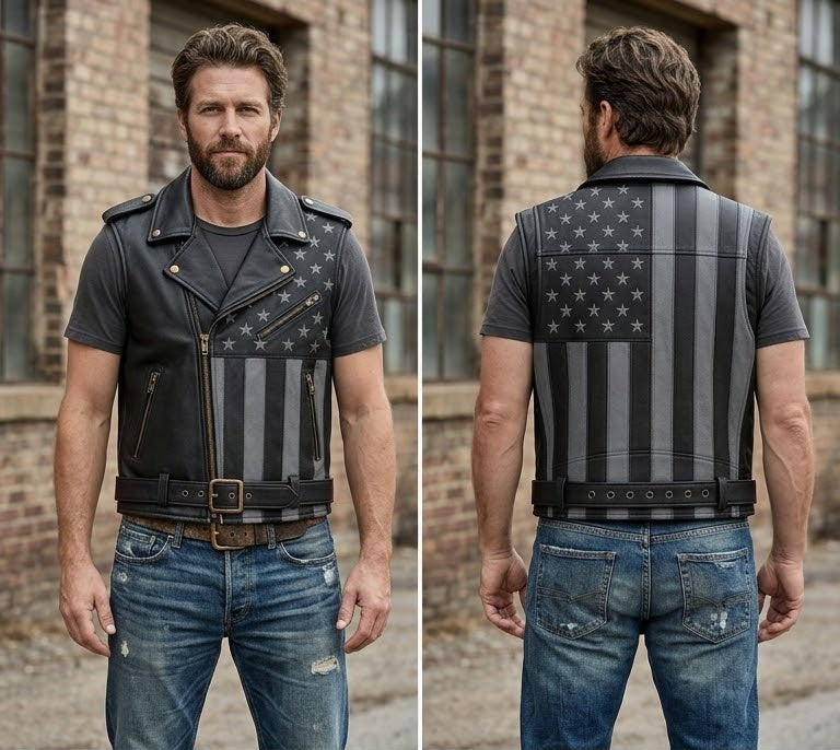 Men Genuine Leather USA Flag Vest Biker Motorcycle Belted Vest