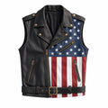 Men Genuine Leather USA Flag Vest Biker Motorcycle Belted Vest