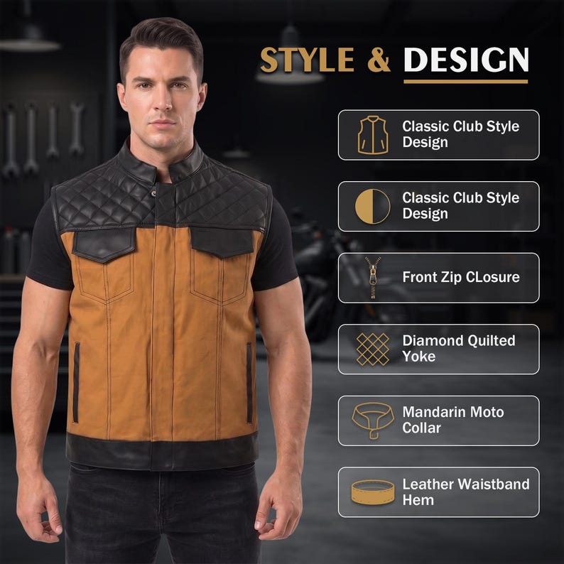 Men’s Black Canvas and Leather Motorcycle Vest | Club Style Biker Vest
