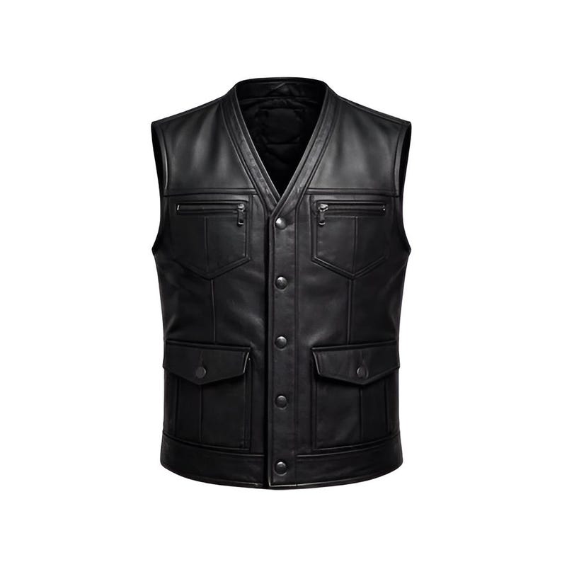 Men's Black Leather Vest Motorcycle Biker Snap Button Utility Slim Fit Sleeveless Vest