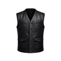 Men's Black Leather Vest Motorcycle Biker Snap Button Utility Slim Fit Sleeveless Vest