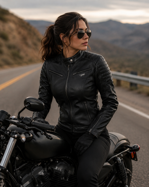 ALICE Women Leather Cafe Racer Jacket Vintage Padded Shoulder Biker Armor Coat