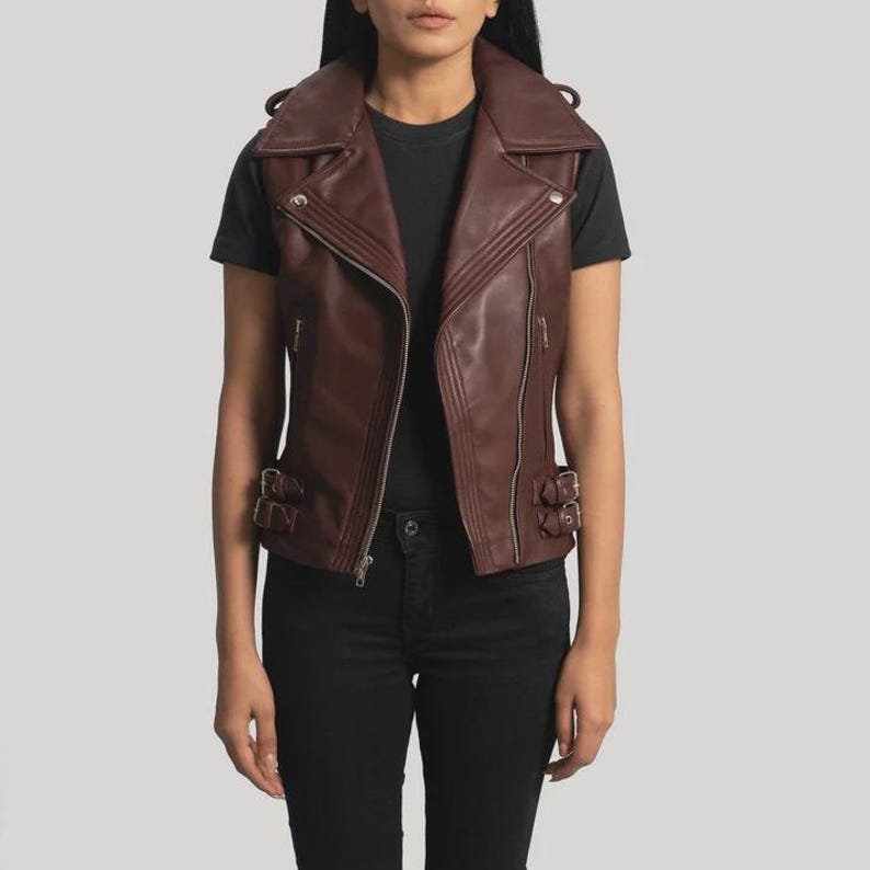 Women’s Maroon Leather Biker Vest Slim Fit Asymmetrical Zipper Moto Style