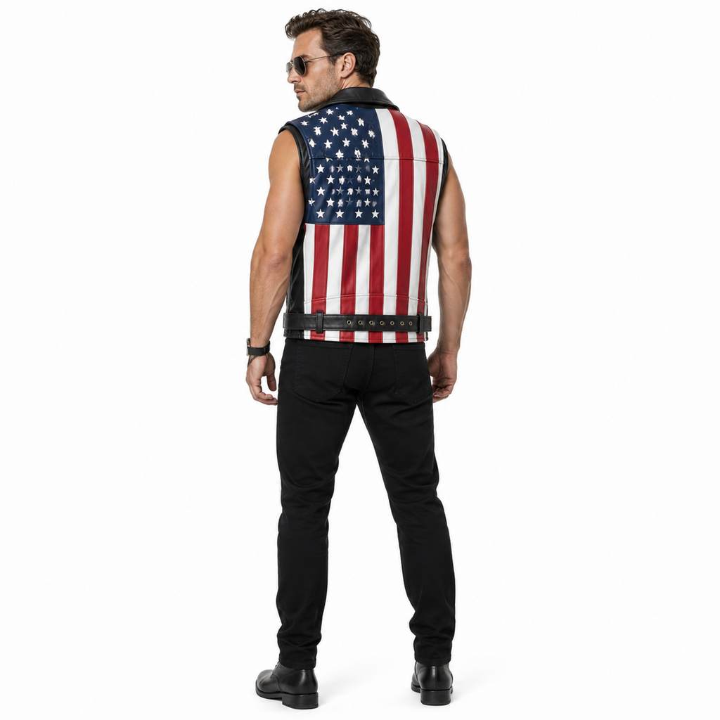 Men Genuine Leather USA Flag Vest Biker Motorcycle Belted Vest