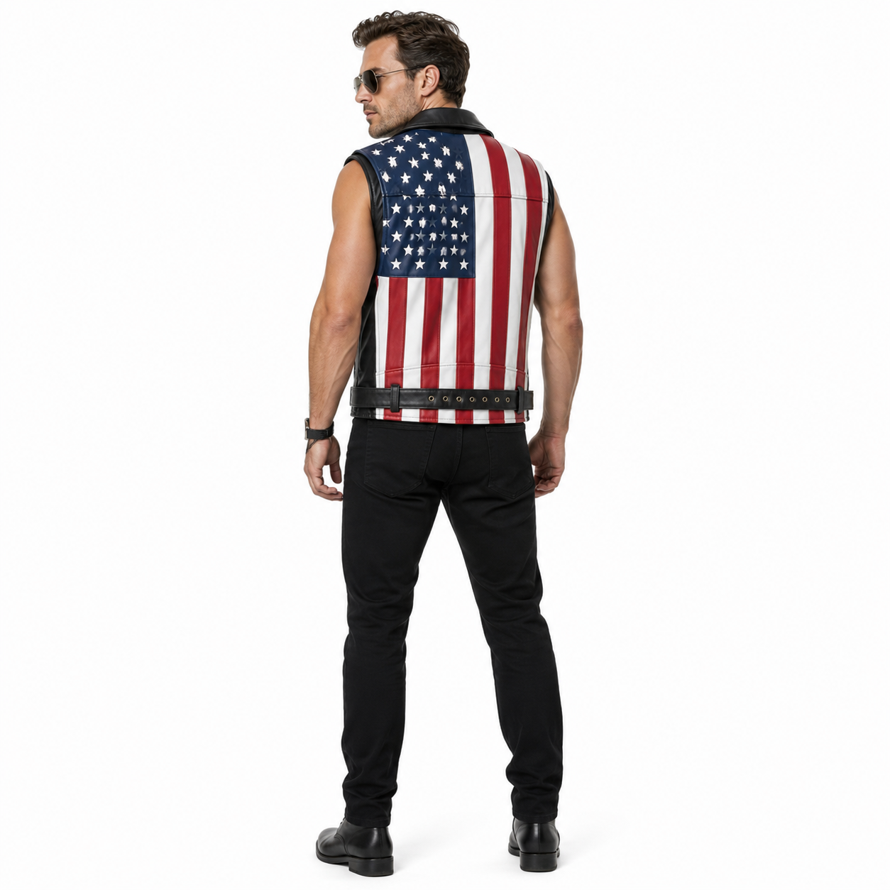 Men Genuine Leather USA Flag Vest Biker Motorcycle Belted Vest