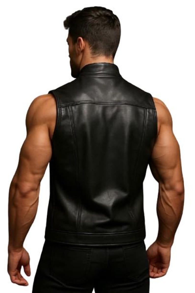 Men's Black Leather Vest Motorcycle Club Style Zipper Slim Fit Streetwear Sleeveless Vest
