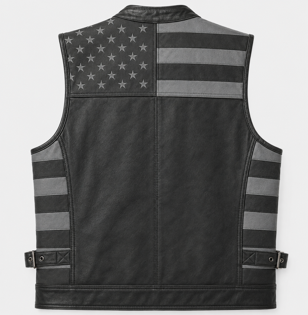 Men's Genuine Leather USA Flag Vest Motorcycle Biker Sleeveless Riding Vest