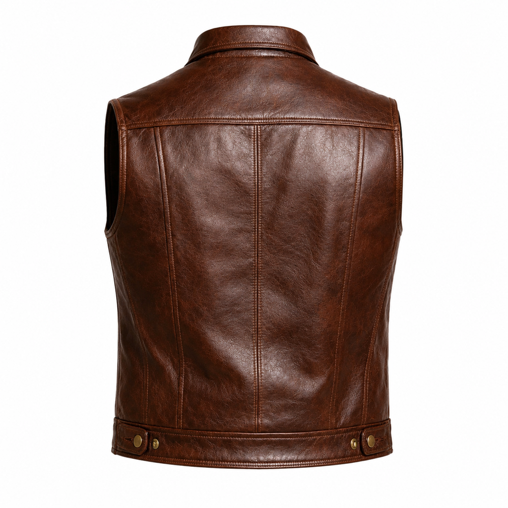 Men's Brown Leather Vest Motorcycle Biker Snap Button Slim Fit Casual Waistcoat Vest