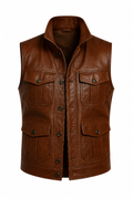 Handmade Brown Leather Biker Vest Men's Motorcycle Style Slim Fit Waistcoat Vest