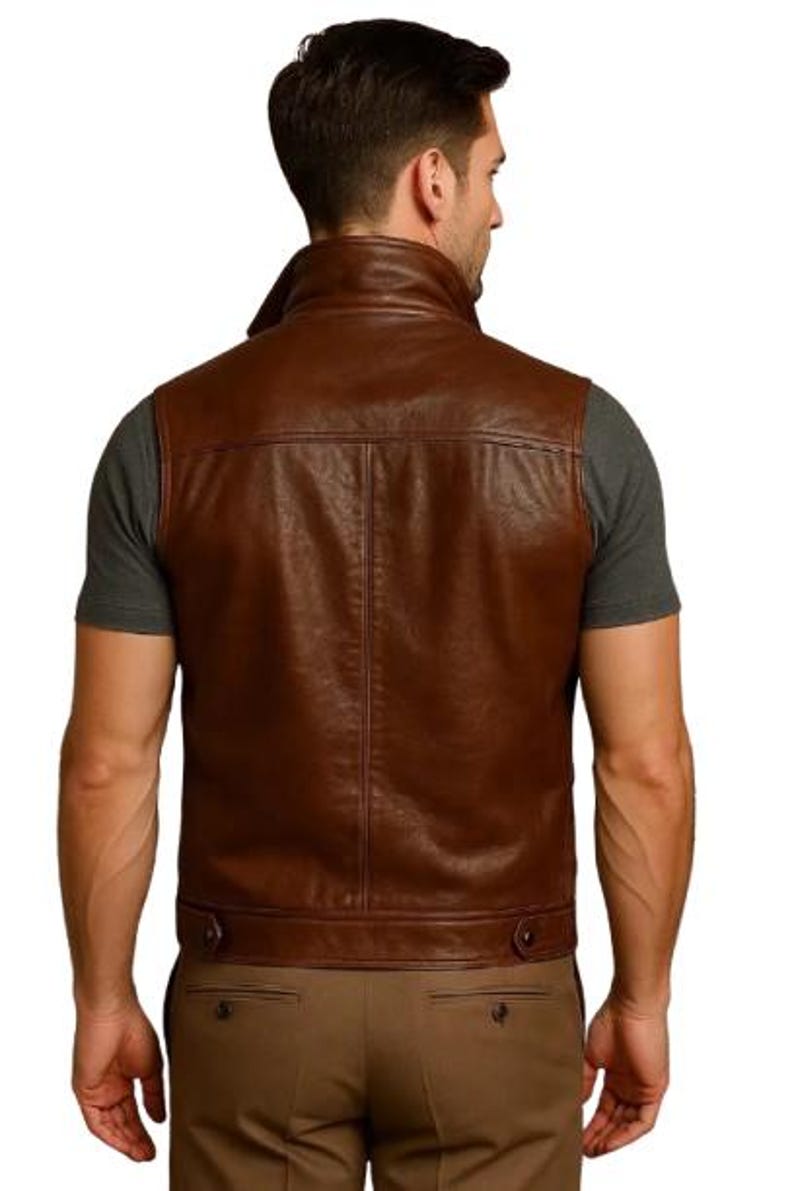 Handmade Brown Leather Biker Vest Men's Motorcycle Style Slim Fit Waistcoat Vest