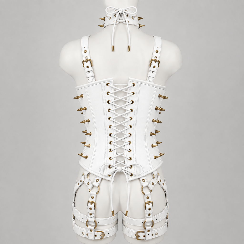 Women’s Leather Corset Harness Bodysuit Gothic Buckle Bustier Steampunk Fetish (With Studs)
