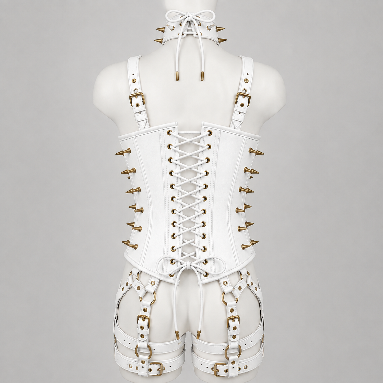Women’s Leather Corset Harness Bodysuit Gothic Buckle Bustier Steampunk Fetish (With Studs)
