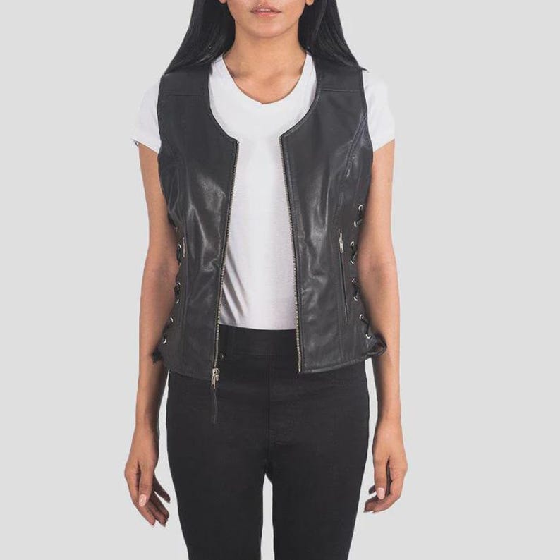 Women’s Black Genuine Leather Biker Vest, Lace Up Sides Slim Fit Vest