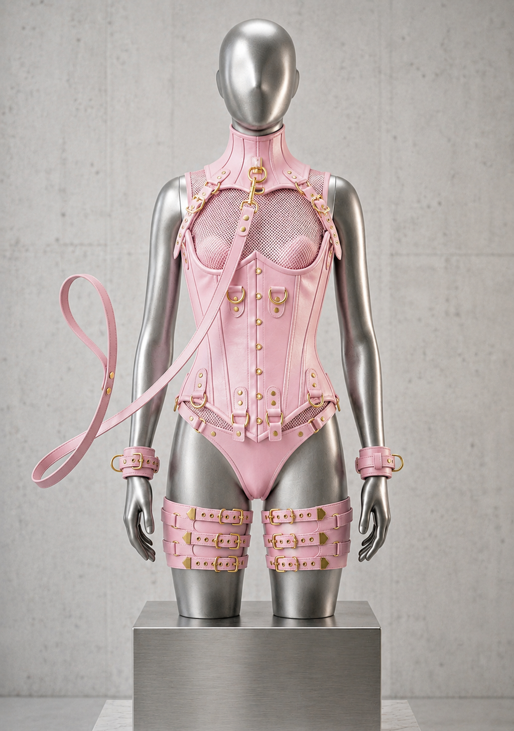 Women’s Leather Corset Harness Bodysuit Gothic Buckle Bustier Steampunk Fetish (With Leash & Handcuffs)