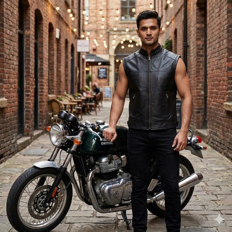 Handmade Men's Black Leather Vest Zipper Stand Collar Slim Fit Sleeveless Casual Fashion Vest