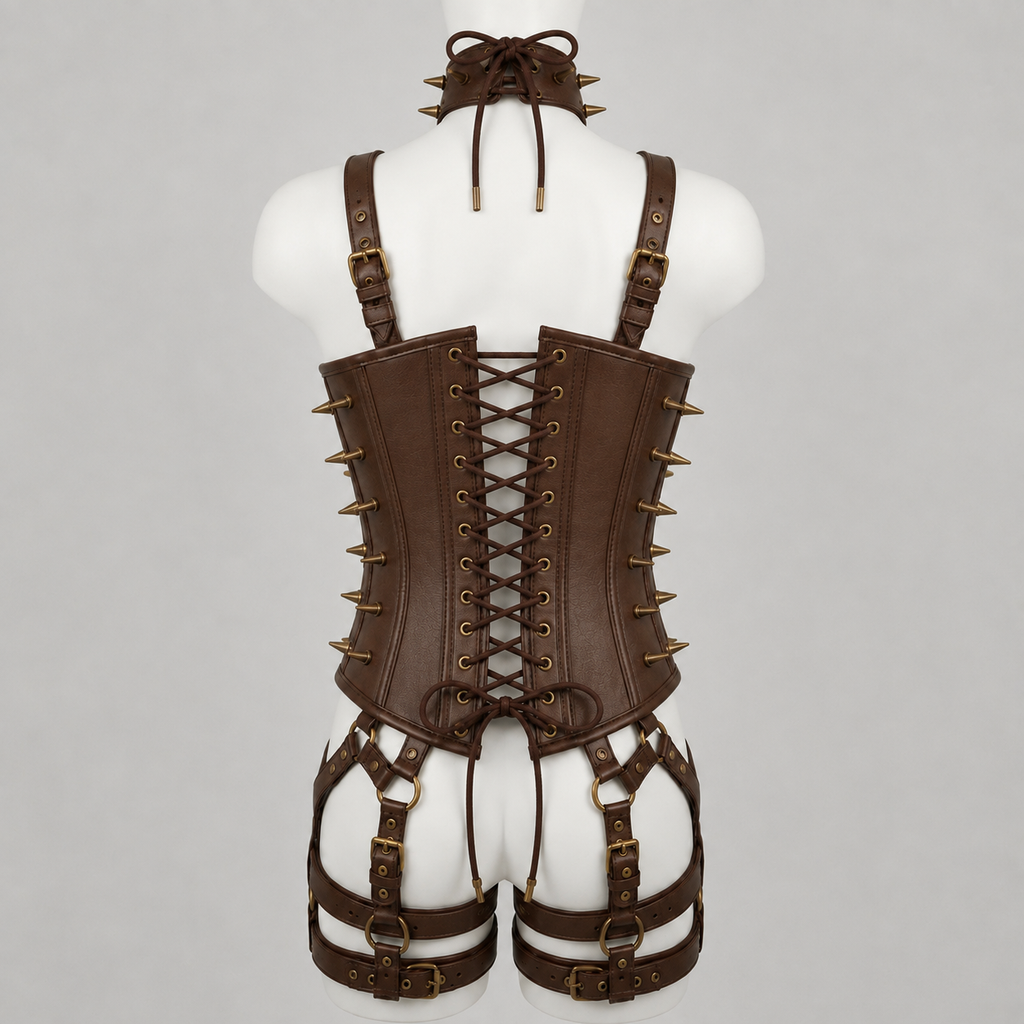 Women’s Leather Corset Harness Bodysuit Gothic Buckle Bustier Steampunk Fetish (With Studs)