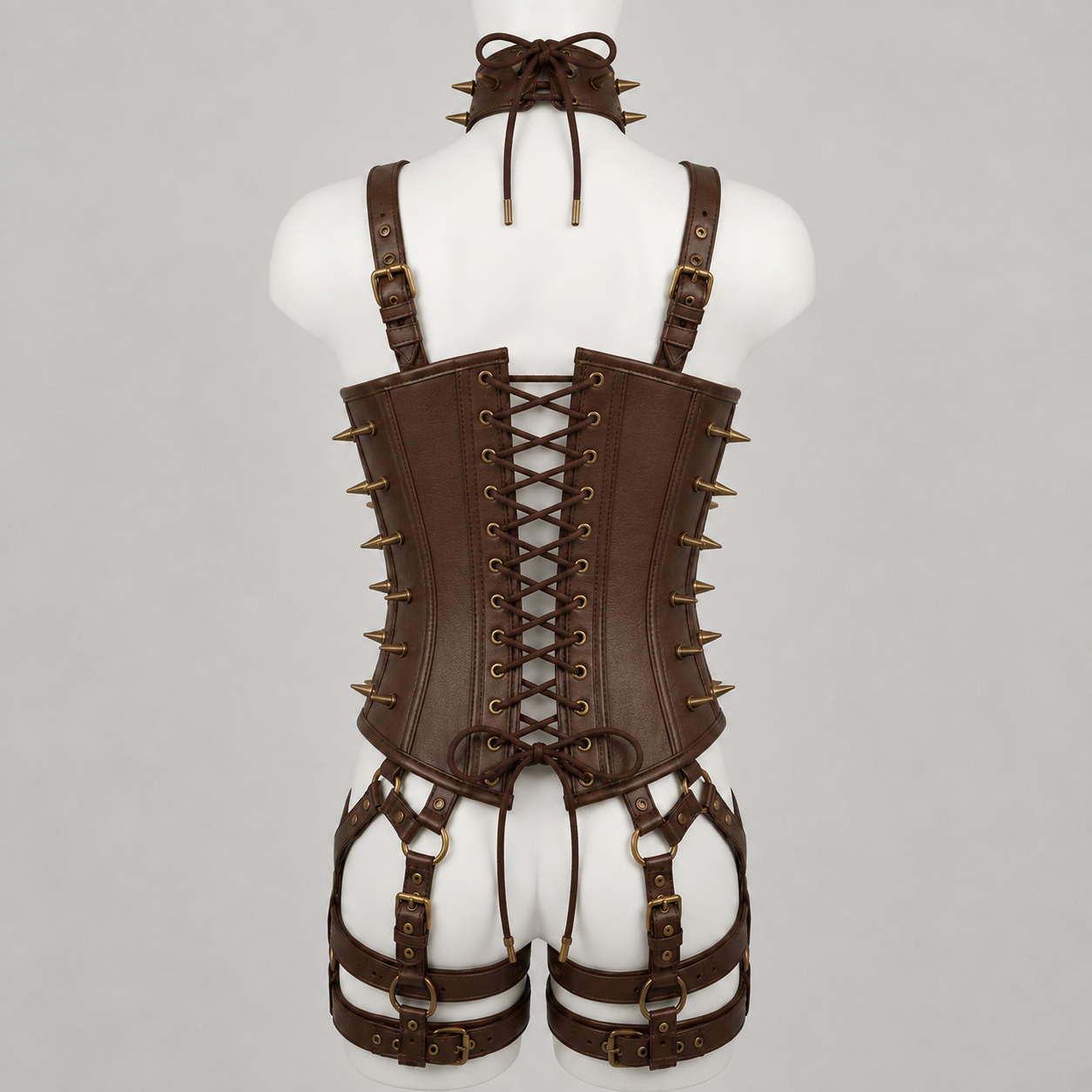 Women’s Leather Corset Harness Bodysuit Gothic Buckle Bustier Steampunk Fetish (With Studs)