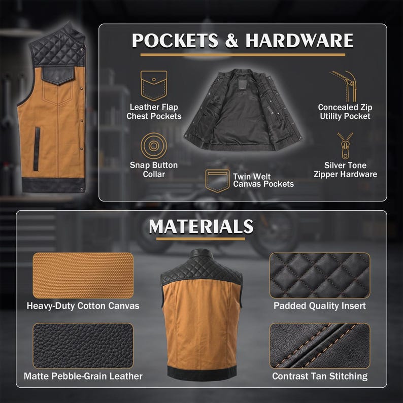 Men’s Black Canvas and Leather Motorcycle Vest | Club Style Biker Vest