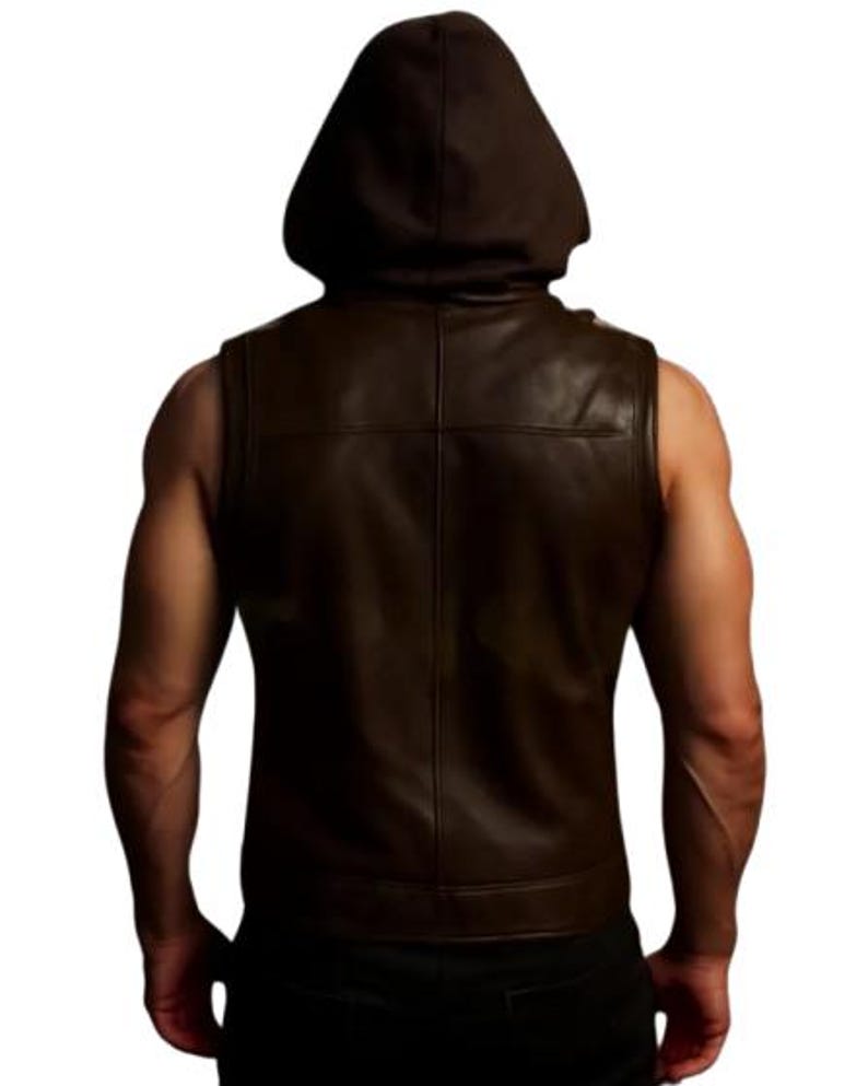 Men's Hooded Leather Vest Dark Brown Zipper Slim Fit Casual Streetwear Sleeveless Vest