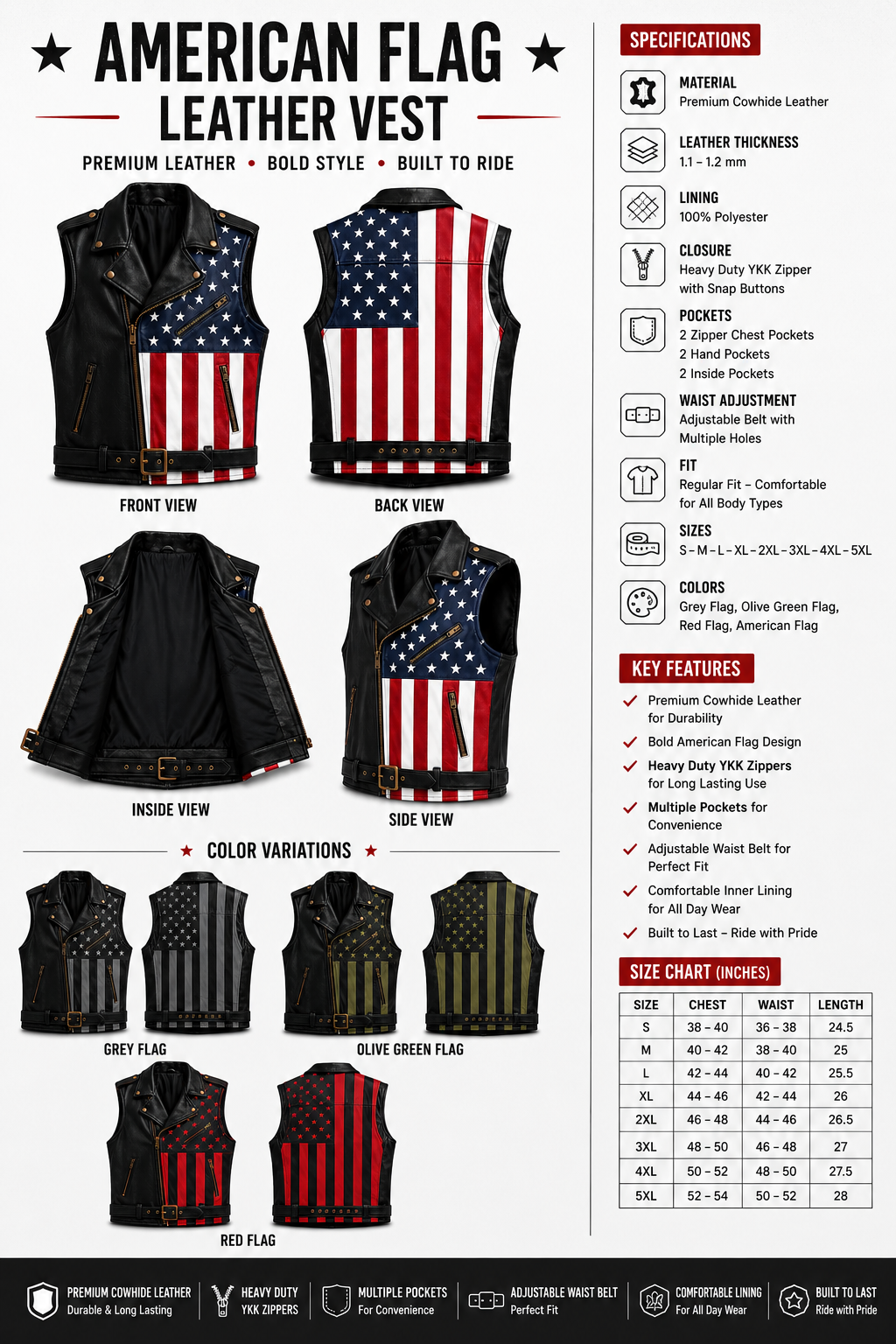 Men Genuine Leather USA Flag Vest Biker Motorcycle Belted Vest