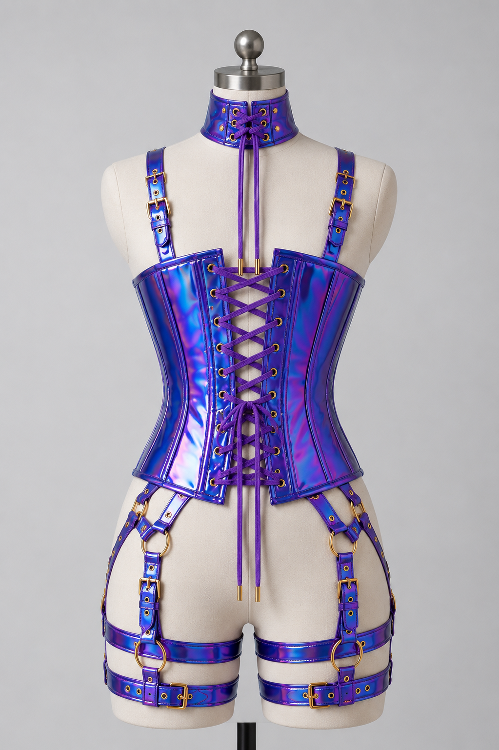 Women’s HOLOGRAPHIC PU Leather Corset Set