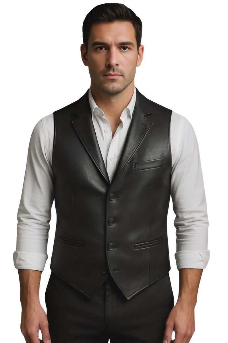 Handmade Men's Black Leather Vest Formal Waistcoat Slim Fit Classic Elegant Vest
