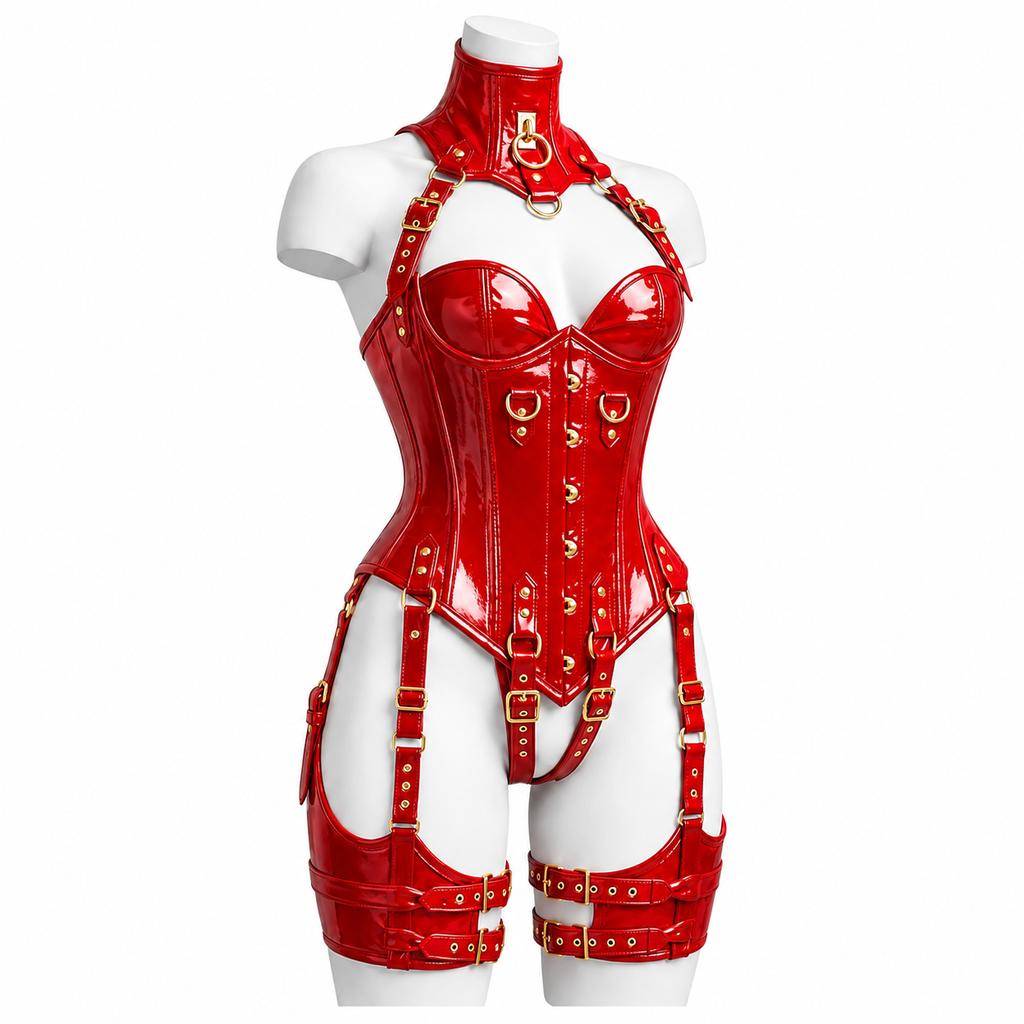 Women’s PVC Glossy Corset Harness Bodysuit Gothic Buckle Bustier Steampunk Fetish