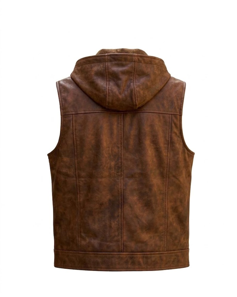 Men's Brown Leather Vest Hooded Casual Streetwear Slim Fit Button Front Sleeveless Vest