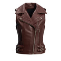 Women’s Maroon Leather Biker Vest Slim Fit Asymmetrical Zipper Moto Style
