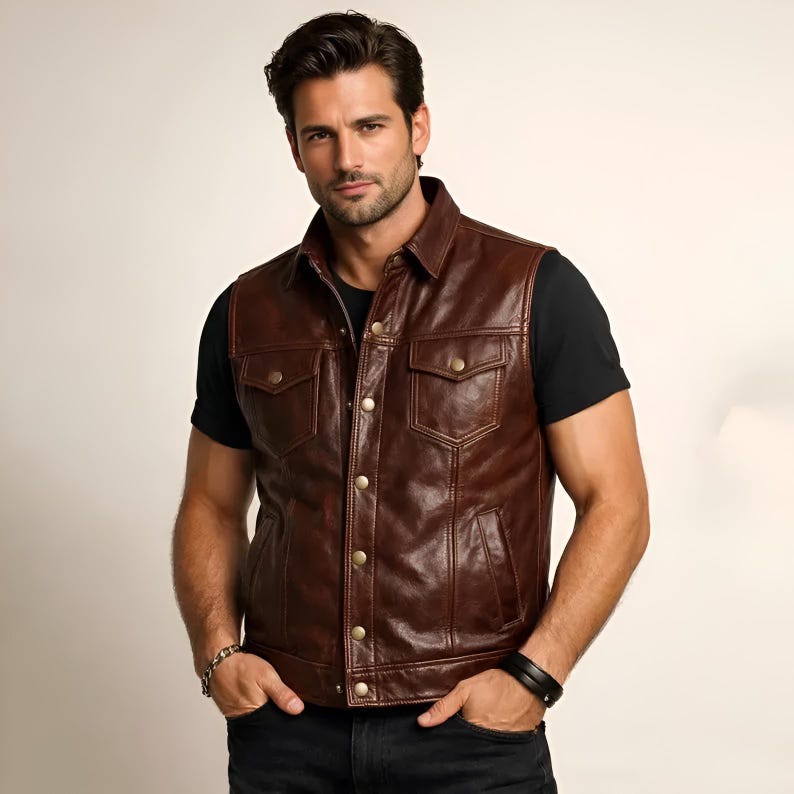 Men's Brown Leather Vest Motorcycle Biker Snap Button Slim Fit Casual Waistcoat Vest
