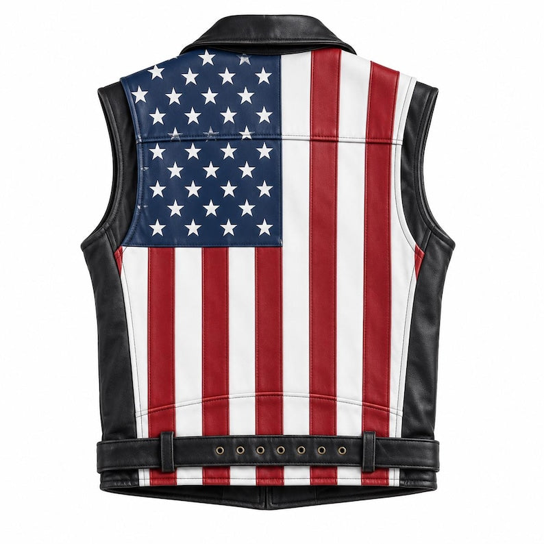 Men Genuine Leather USA Flag Vest Biker Motorcycle Belted Vest