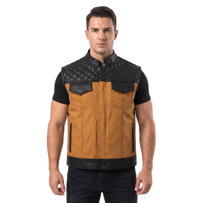 Men’s Black Canvas and Leather Motorcycle Vest | Club Style Biker Vest