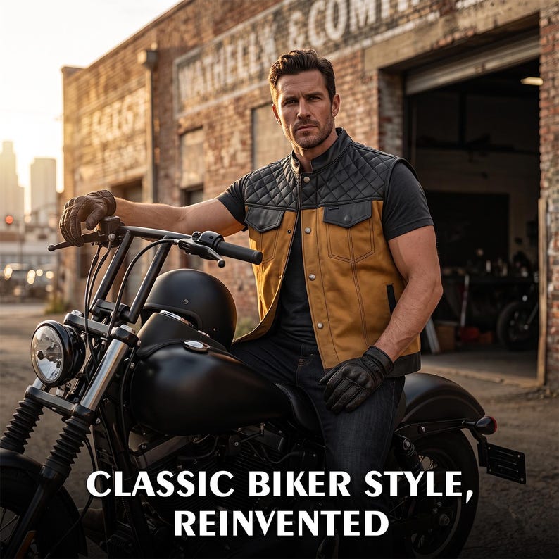 Men’s Black Canvas and Leather Motorcycle Vest | Club Style Biker Vest