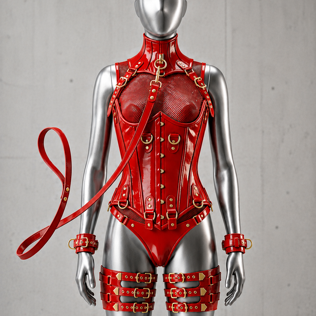 Women’s PVC Glossy Corset Harness Bodysuit Gothic Buckle Bustier Steampunk Fetish(With Leash & Handcuffs)