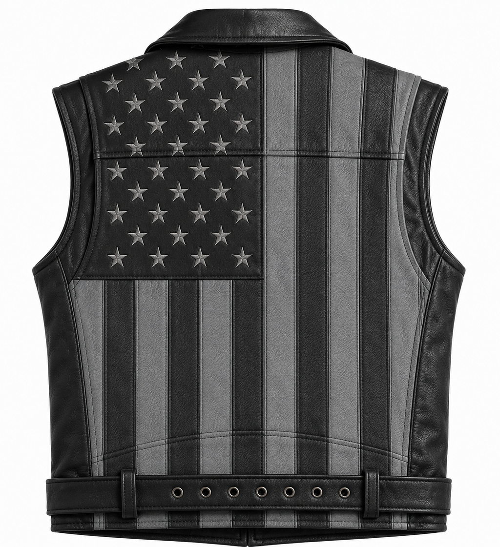 Men Genuine Leather USA Flag Vest Biker Motorcycle Belted Vest