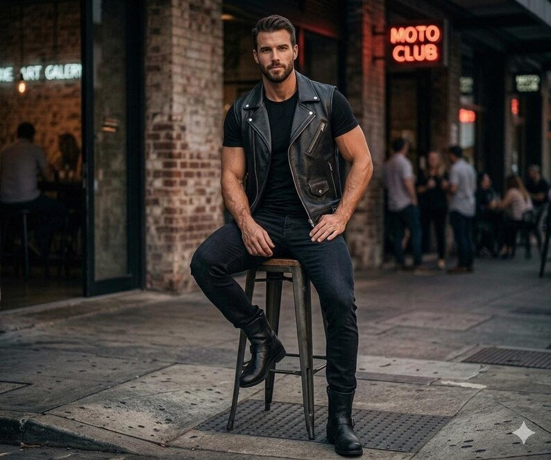 Men's Black Genuine Leather Biker Vest