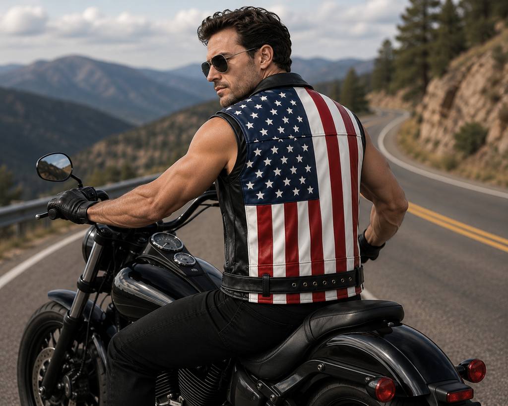 Men Genuine Leather USA Flag Vest Biker Motorcycle Belted Vest