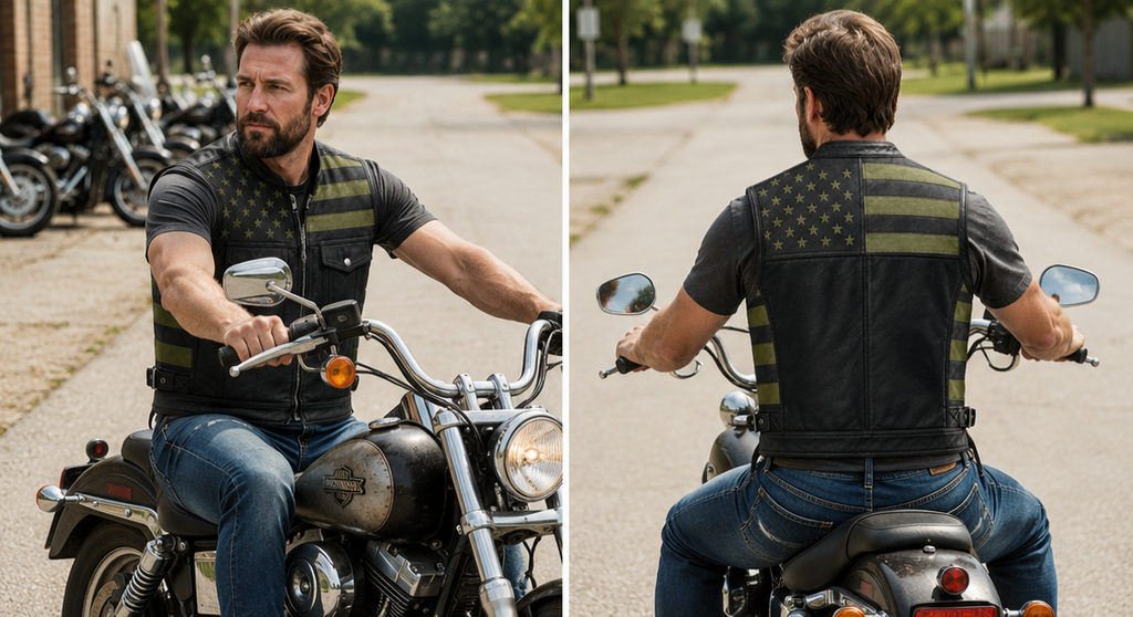 Men's Genuine Leather USA Flag Vest Motorcycle Biker Sleeveless Riding Vest