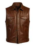 Men's Brown Leather Vest Western Cowboy Style Motorcycle Biker Slim Fit Waistcoat Vest