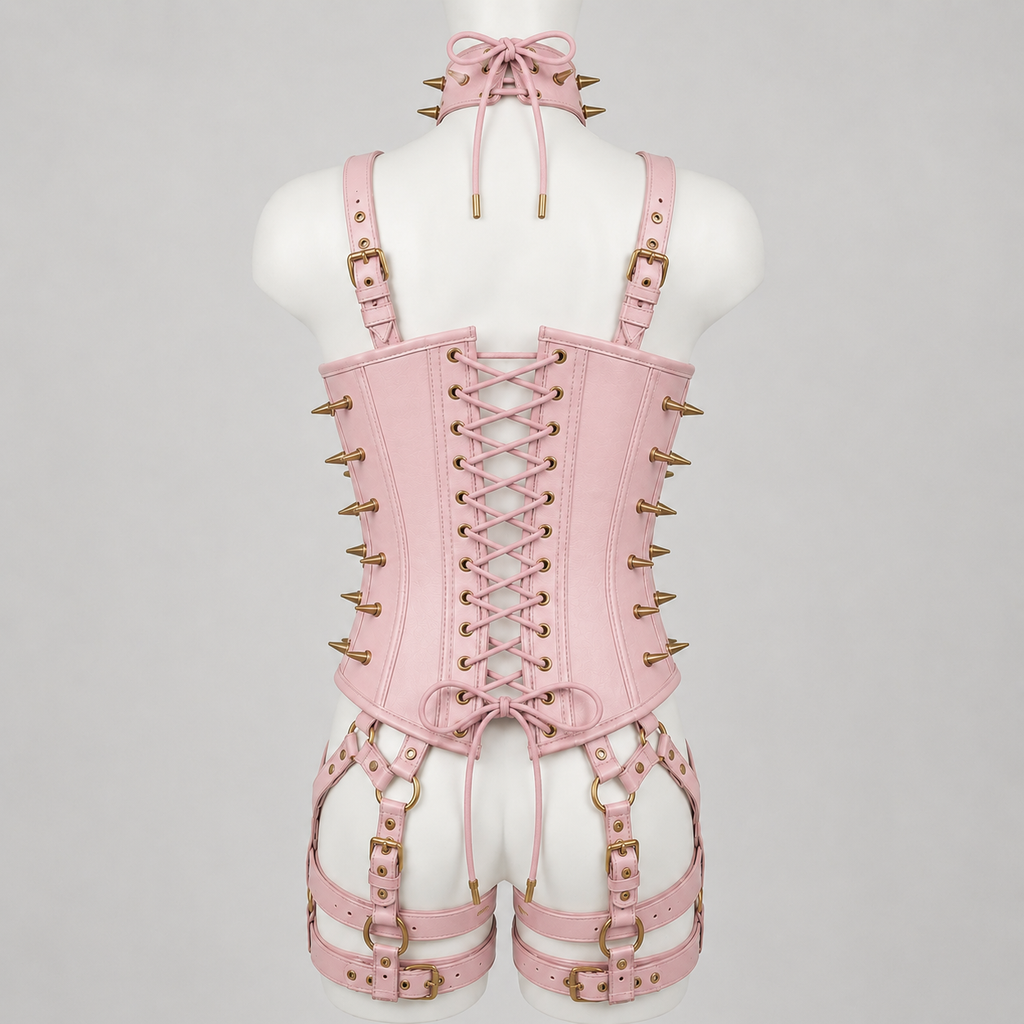 Women’s Leather Corset Harness Bodysuit Gothic Buckle Bustier Steampunk Fetish (With Studs)