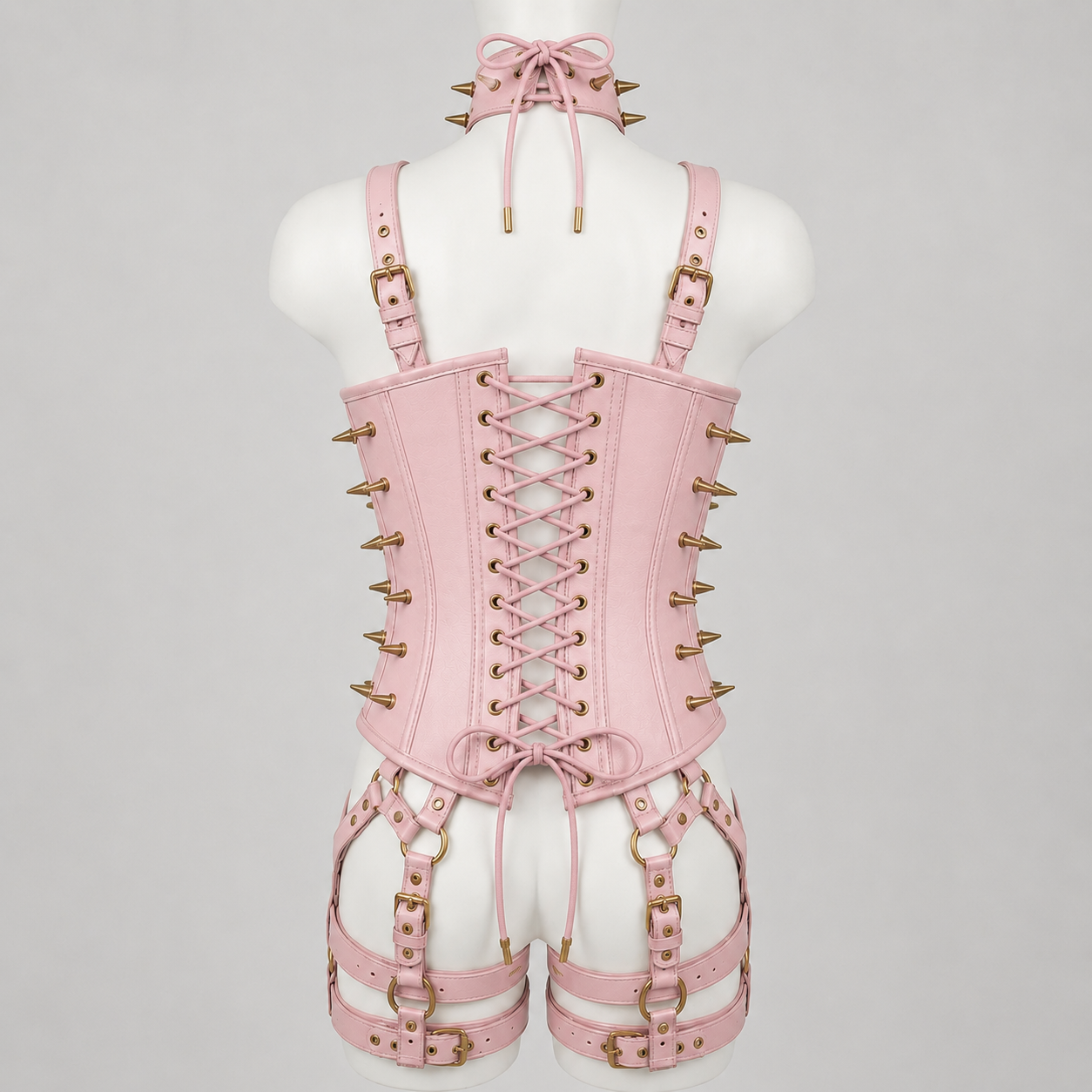 Women’s Leather Corset Harness Bodysuit Gothic Buckle Bustier Steampunk Fetish (With Studs)