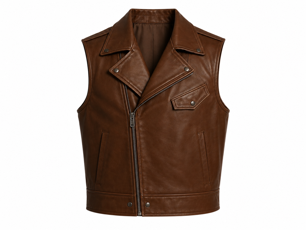 Men's Brown Genuine Leather Biker Vest - Handmade Sleeveless Motorcycle Jacket Vest