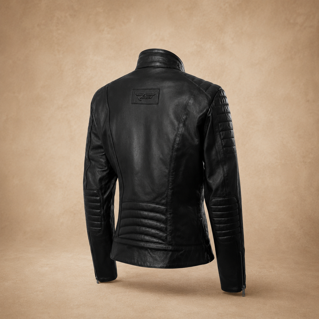 ALICE Women Leather Cafe Racer Jacket Vintage Padded Shoulder Biker Armor Coat